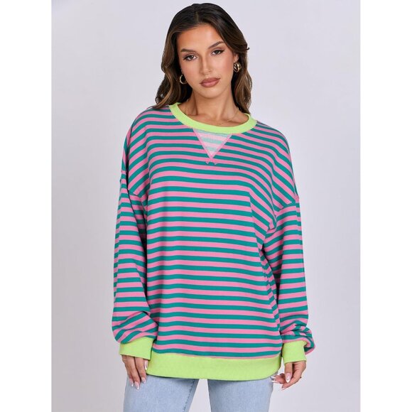 Women Striped Sweatshirt Oversized Crewneck Long Sleeve Casual Top - Picture 7 of 8